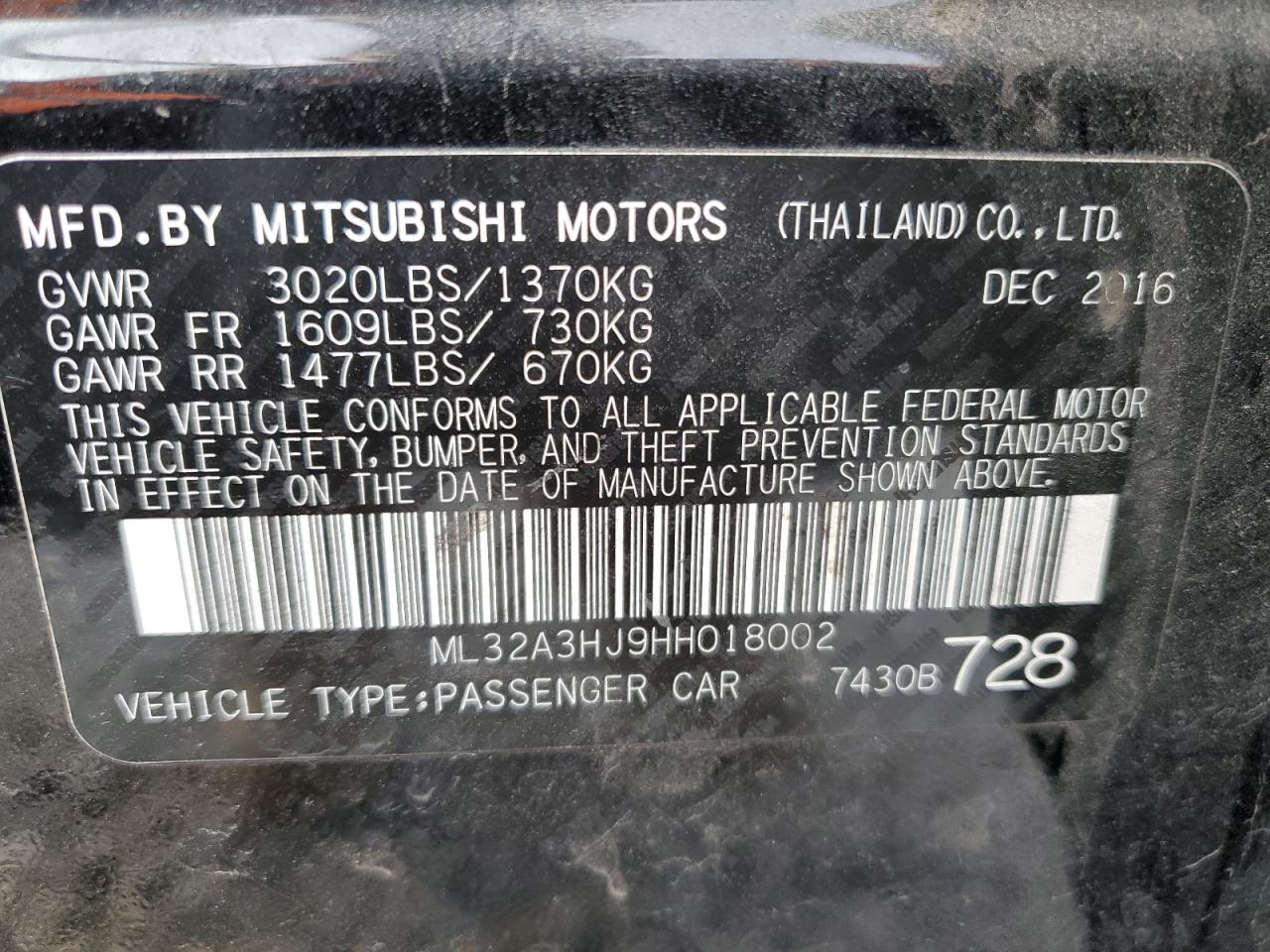 2017 Mitsubishi Mirage VIN ML32A3HJ9HH018002 Copart auction photo, front end damage thumbnail 13