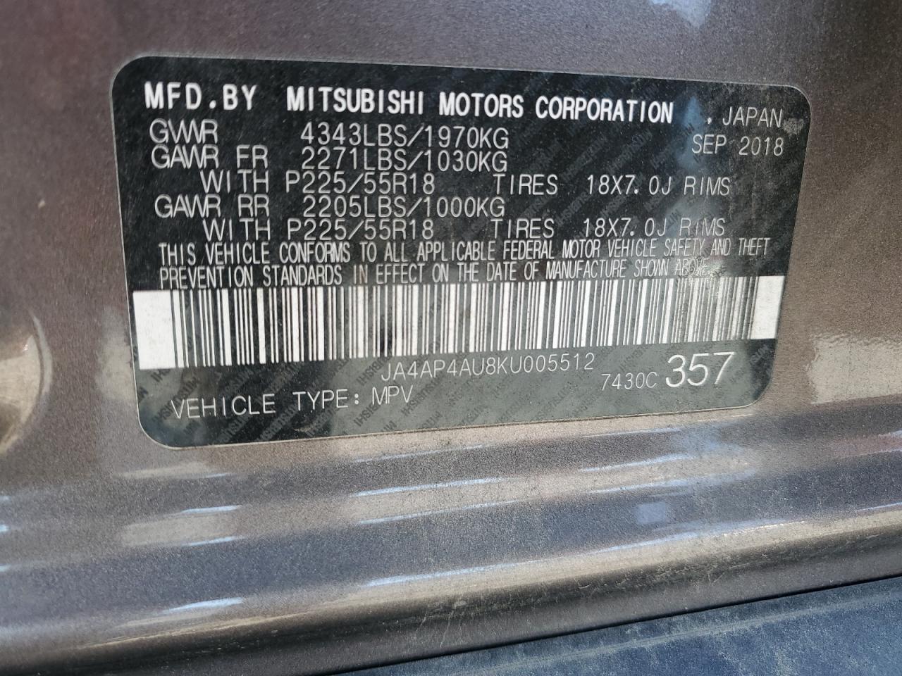 2019 Mitsubishi Outlander VIN JA4AP4AU8KU005512 Copart auction photo, rollover damage thumbnail 15