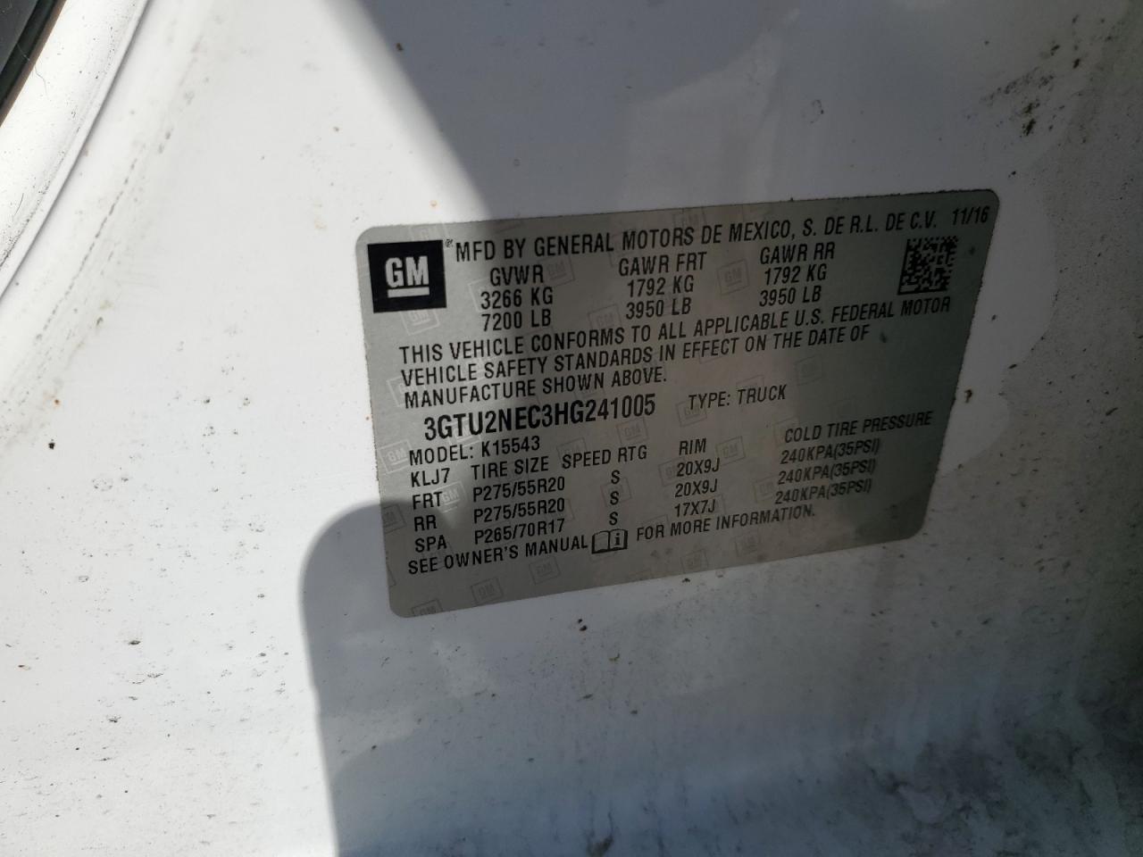 2017 GMC Sierra VIN 3GTU2NEC3HG241005 Copart auction photo, front end damage thumbnail 12