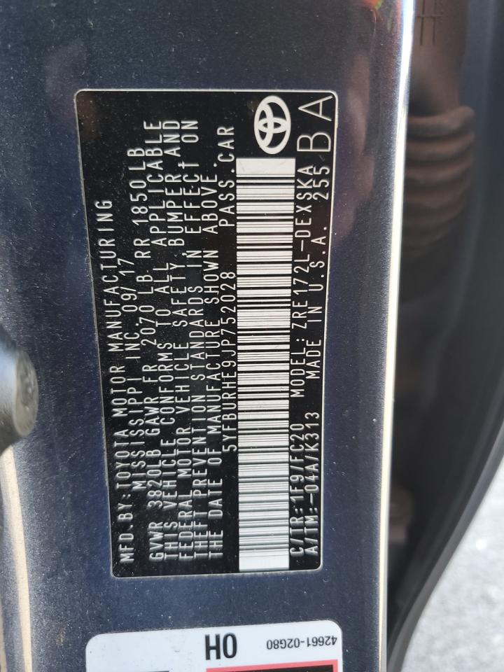 2018 Toyota Corolla VIN 5YFBURHE9JP752028 Copart auction photo, front end damage thumbnail 12