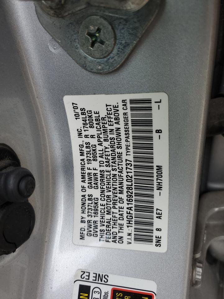 2008 Honda Civic VIN 1HGFA16928L021737 Copart auction photo, front end / minor dent/scratches damage thumbnail 12