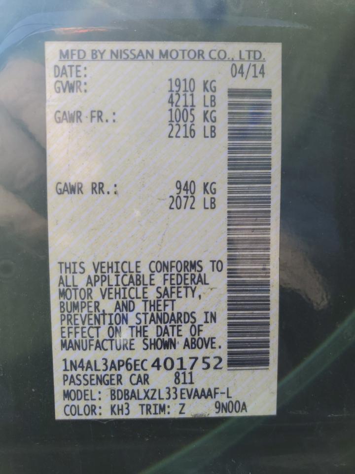 2014 Nissan Altima VIN 1N4AL3AP6EC401752 Copart auction photo, side / top/roof damage thumbnail 14