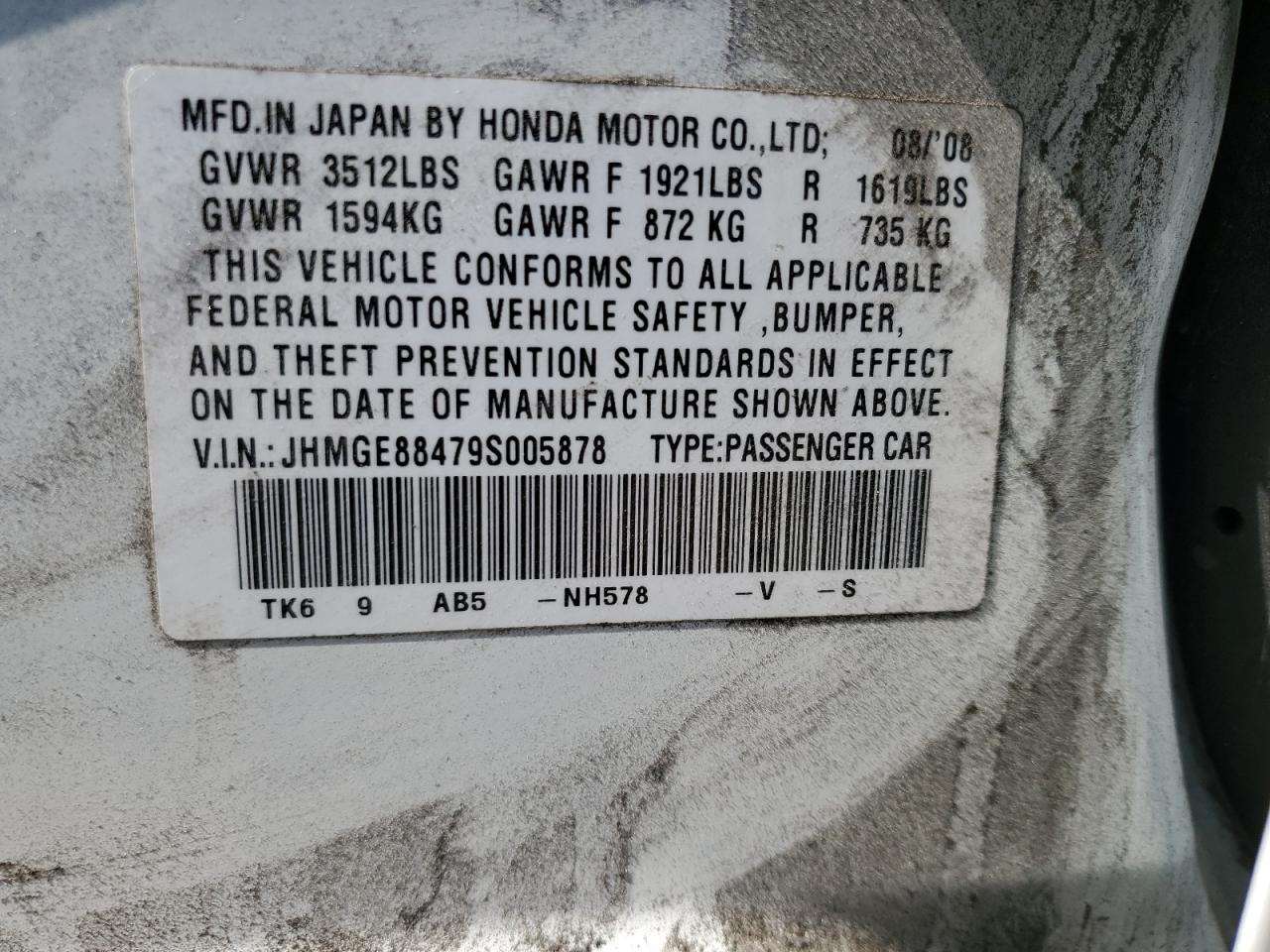 2009 Honda Fit VIN JHMGE88479S005878 Copart auction photo, all over damage thumbnail 12