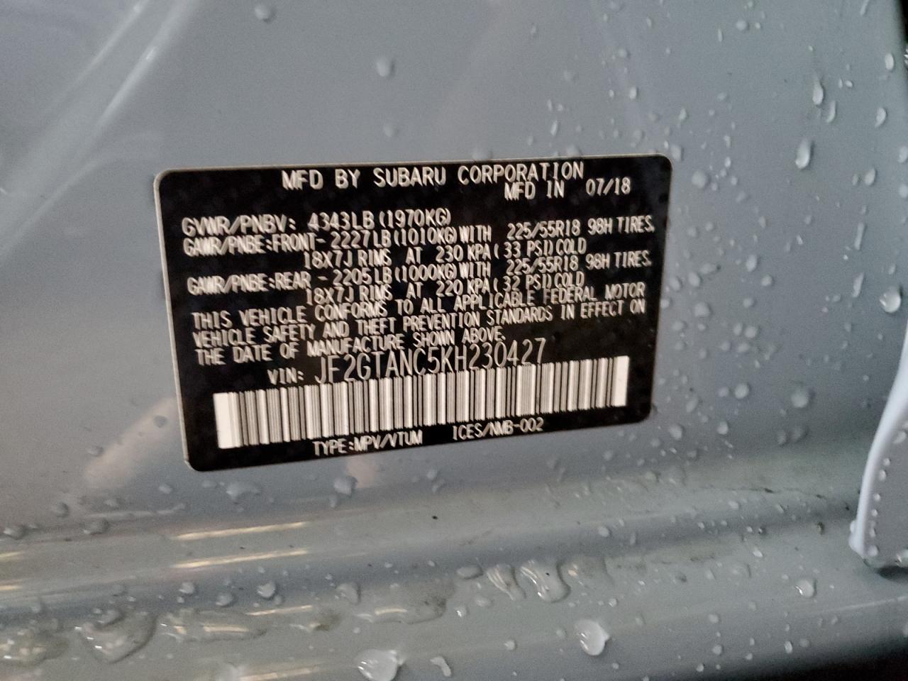2019 Subaru XV VIN JF2GTANC5KH230427 Copart auction photo, rear end damage thumbnail 12