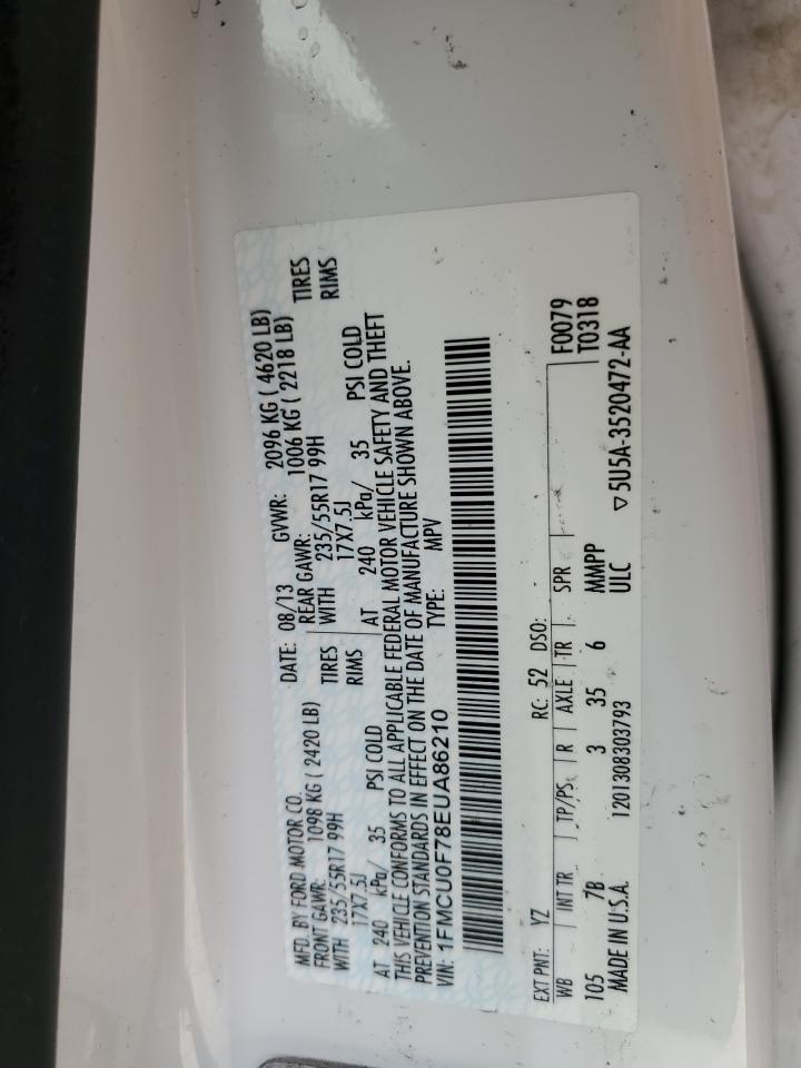 2014 Ford Escape VIN 1FMCU0F78EUA86210 Copart auction photo, burn - engine / minor dent/scratches damage thumbnail 12
