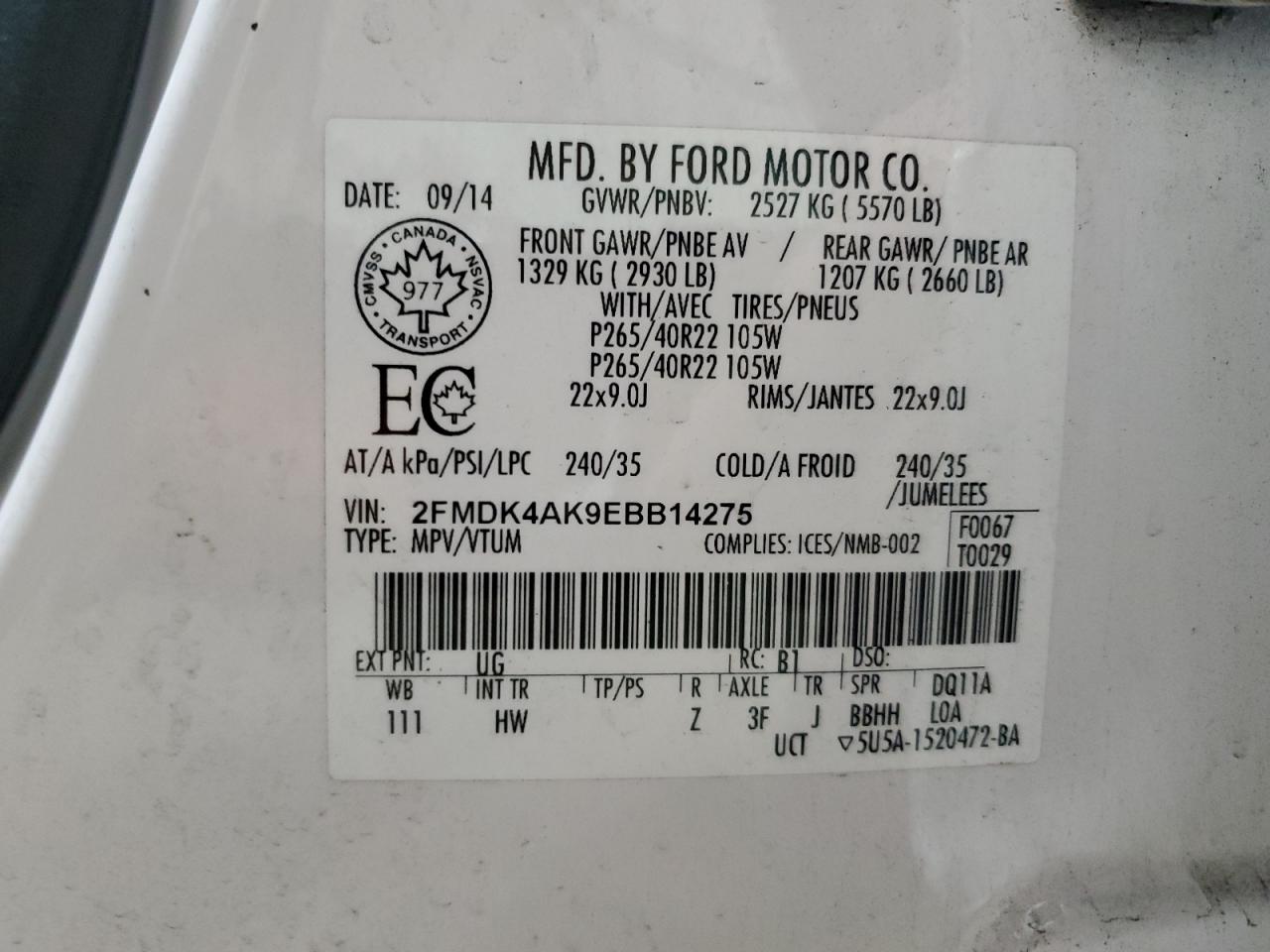 2014 Ford Edge VIN 2FMDK4AK9EBB14275 Copart auction photo, rear end / side damage thumbnail 13