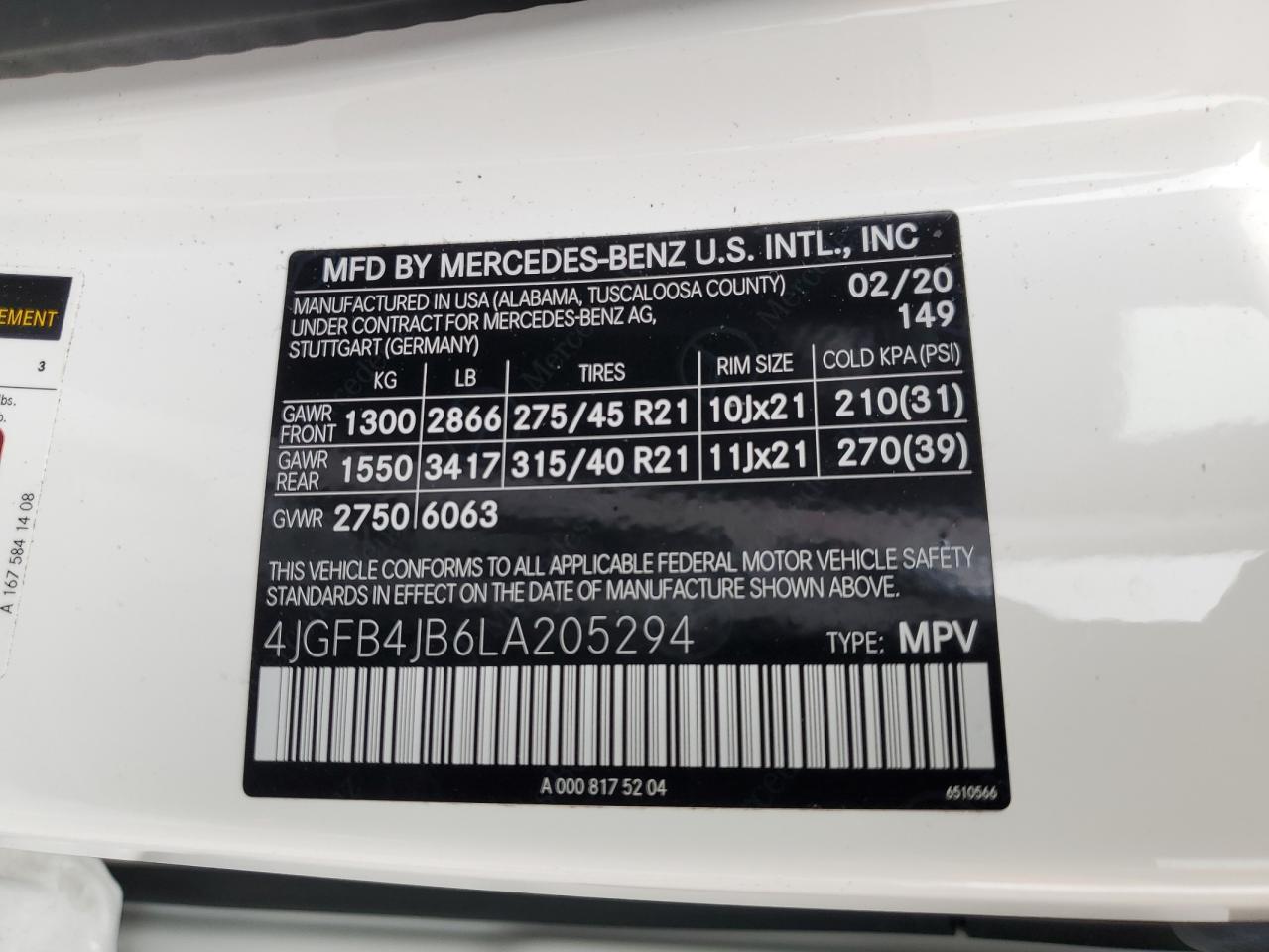 2020 Mercedes-Benz GLE VIN 4JGFB4JB6LA205294 Copart auction photo, front end / rear end damage thumbnail 14