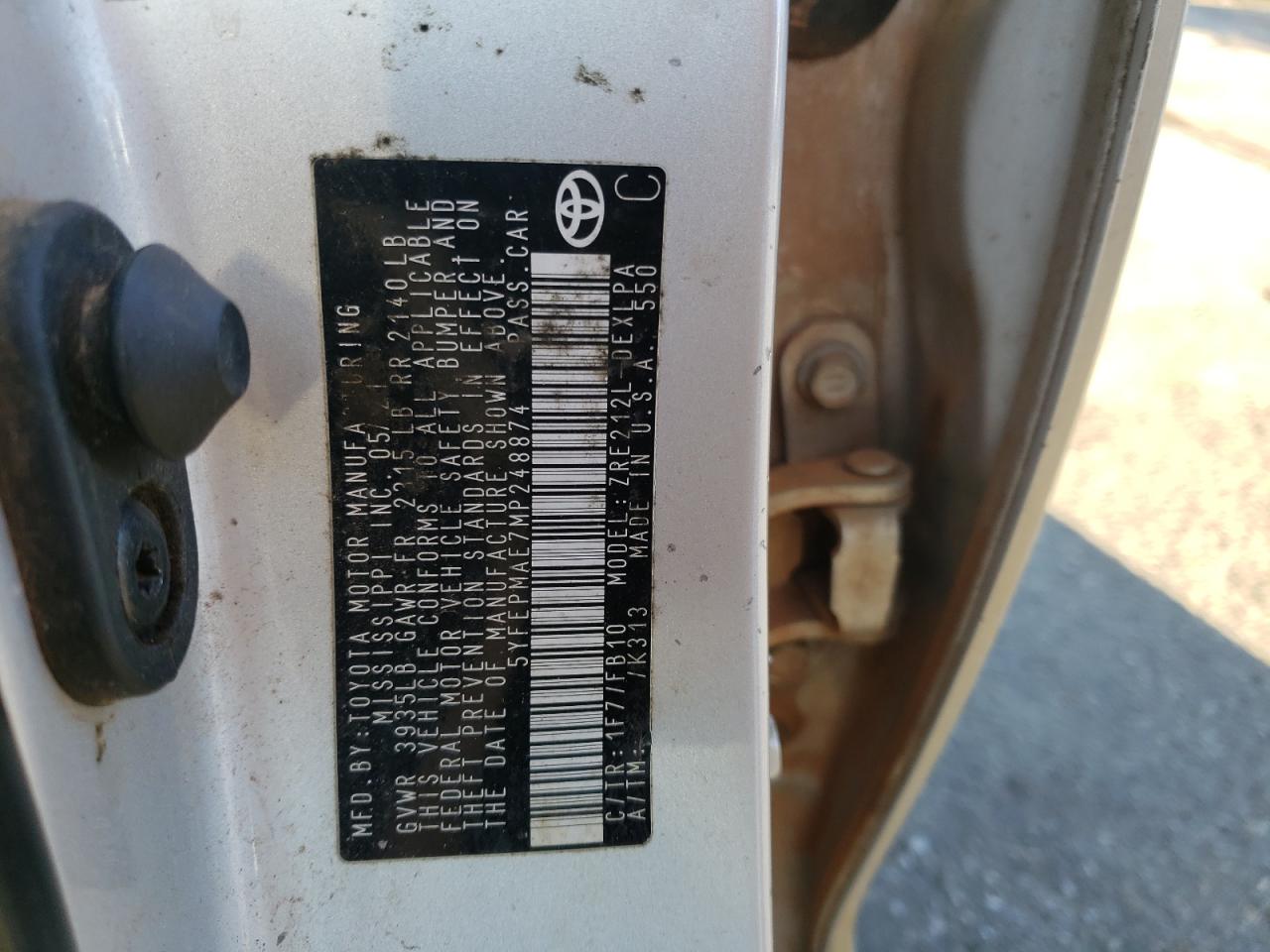 2021 Toyota Corolla VIN 5YFEPMAE7MP248874 Copart auction photo, front end / side damage thumbnail 13
