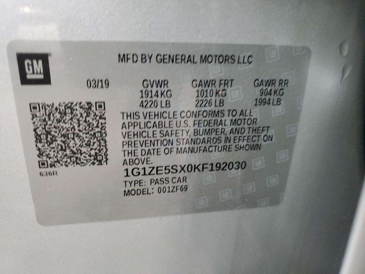 2019 Chevrolet Malibu VIN 1G1ZE5SX0KF192030 Copart auction photo, front end damage thumbnail 12