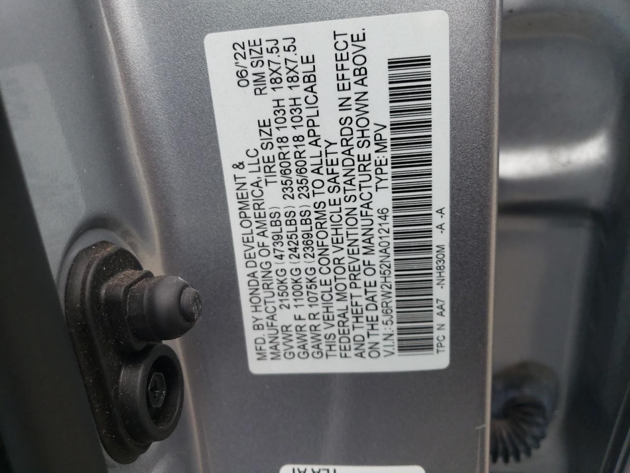2022 Honda CR-V VIN 5J6RW2H52NA012146 Copart auction photo, front end / side damage thumbnail 12