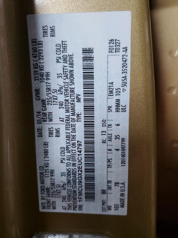 2014 Ford Escape VIN 1FMCU9GX2EUC14797 Copart auction photo, front end damage thumbnail 13