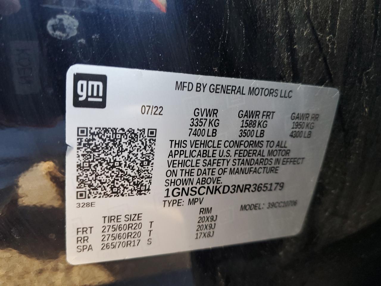 2022 Chevrolet Tahoe VIN 1GNSCNKD3NR365179 Copart auction photo, front end damage thumbnail 13