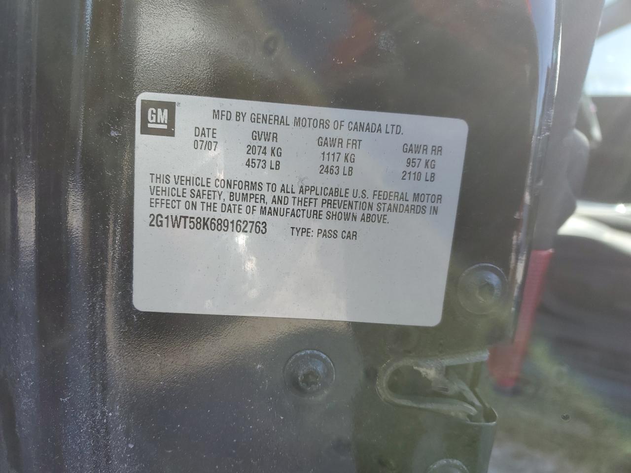 2008 Chevrolet Impala VIN 2G1WT58K689162763 Copart auction photo, front end / side damage thumbnail 12