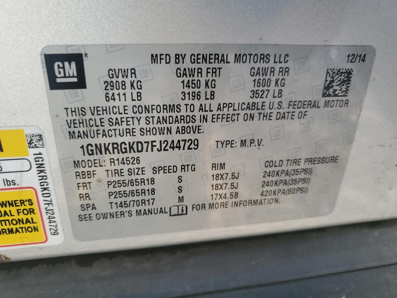 2015 Chevrolet Traverse VIN 1GNKRGKD7FJ244729 Copart auction photo, front end damage thumbnail 13