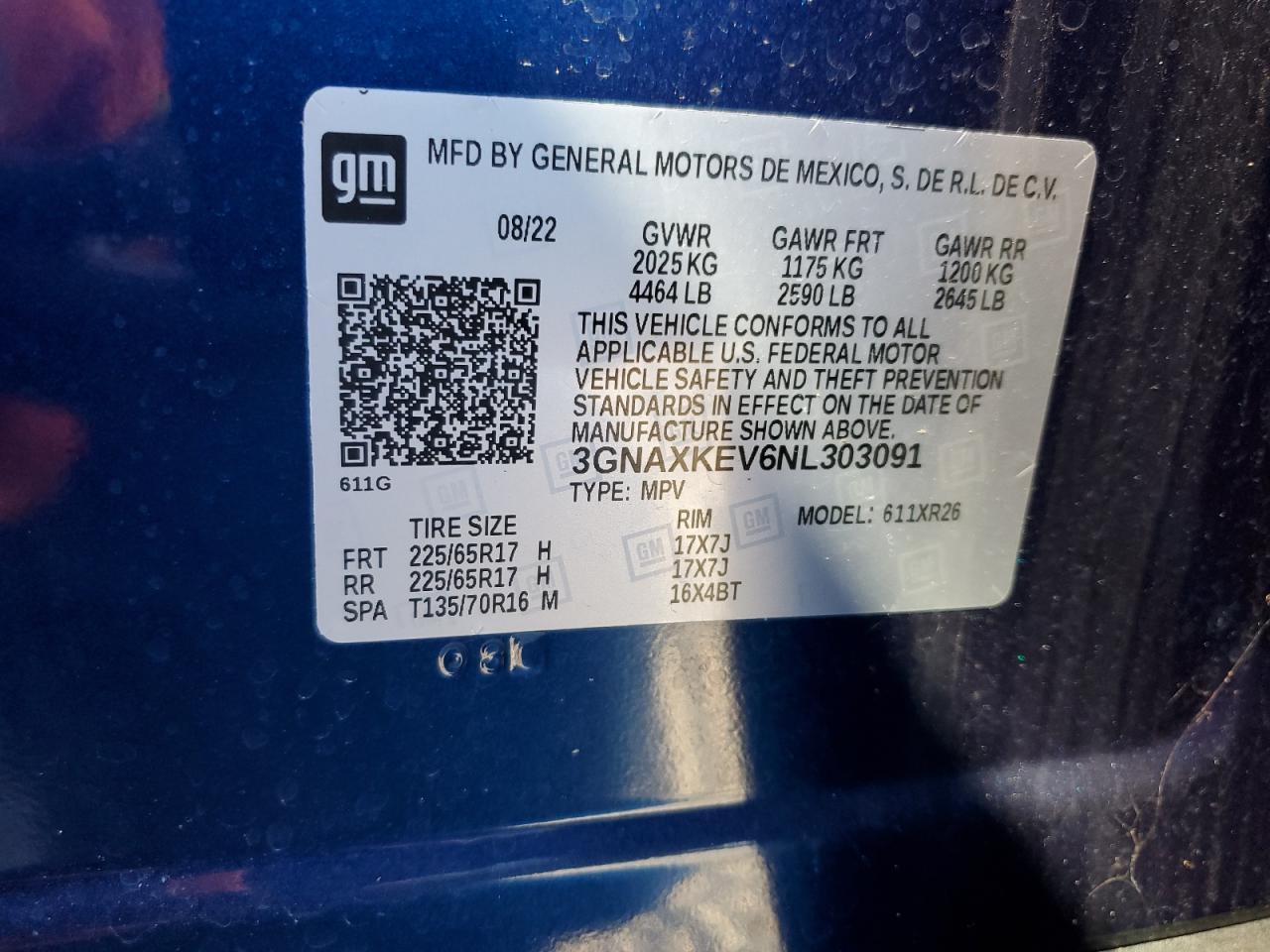 2022 Chevrolet Equinox VIN 3GNAXKEV6NL303091 Copart auction photo, water/flood damage thumbnail 14