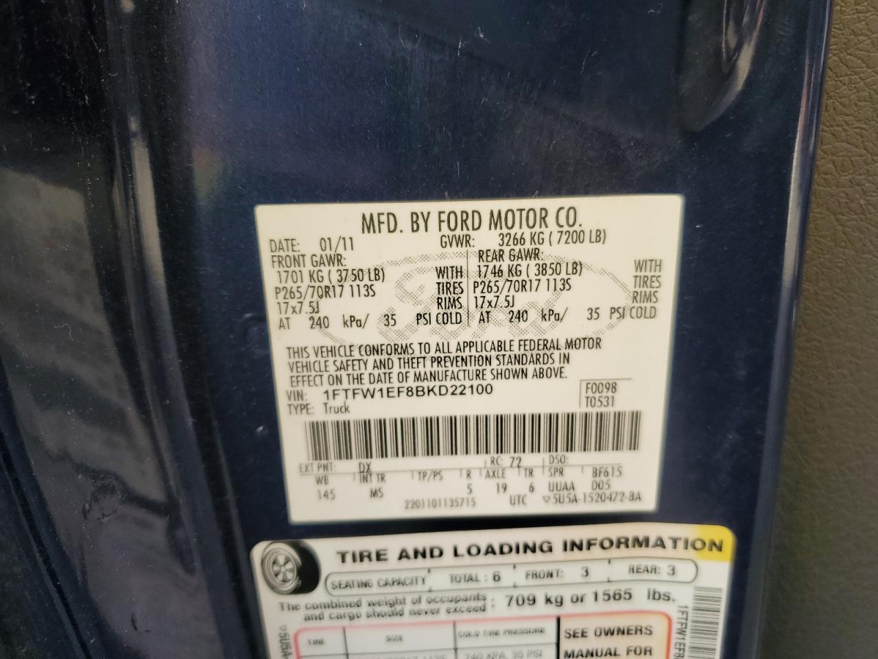 2011 Ford F-150 VIN 1FTFW1EF8BKD22100 Copart auction photo, front end / minor dent/scratches damage thumbnail 12
