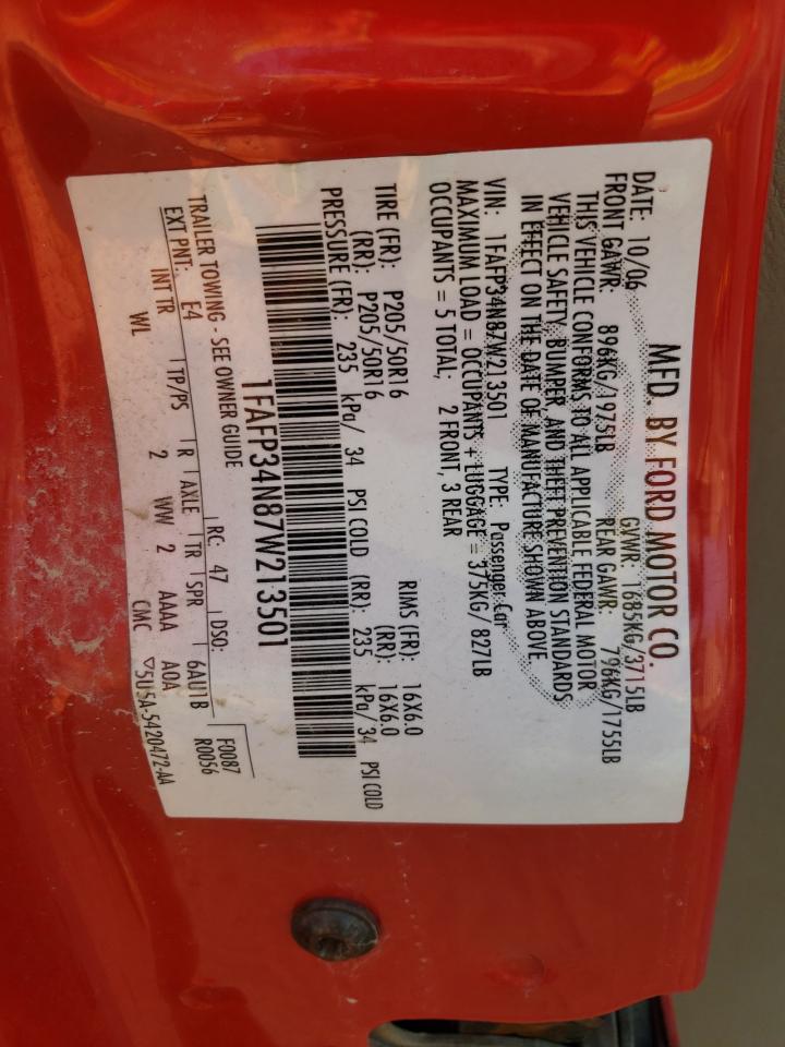 2007 Ford Focus VIN 1FAFP34N87W213501 Copart auction photo, all over damage thumbnail 15