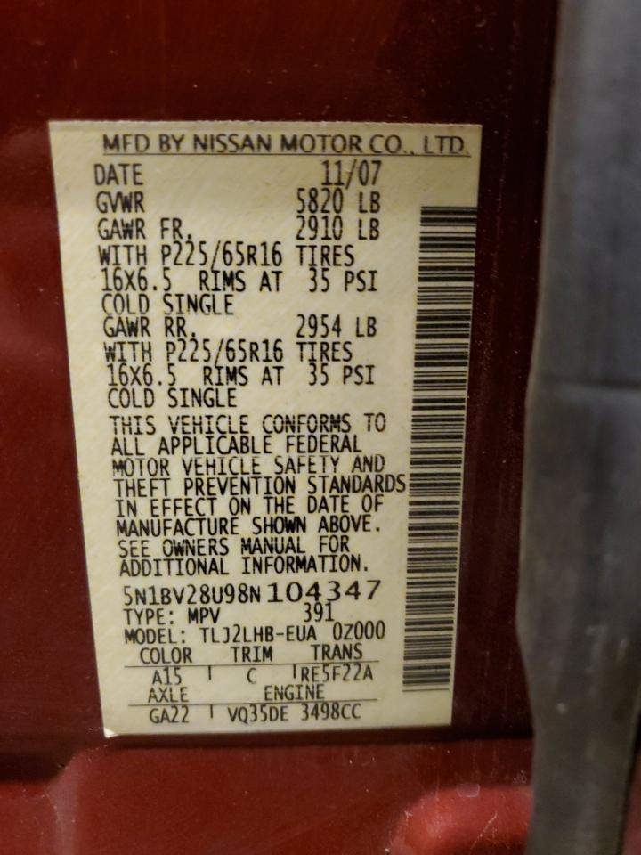 2008 Nissan Quest VIN 5N1BV28U98N104347 Copart auction photo, front end damage thumbnail 14