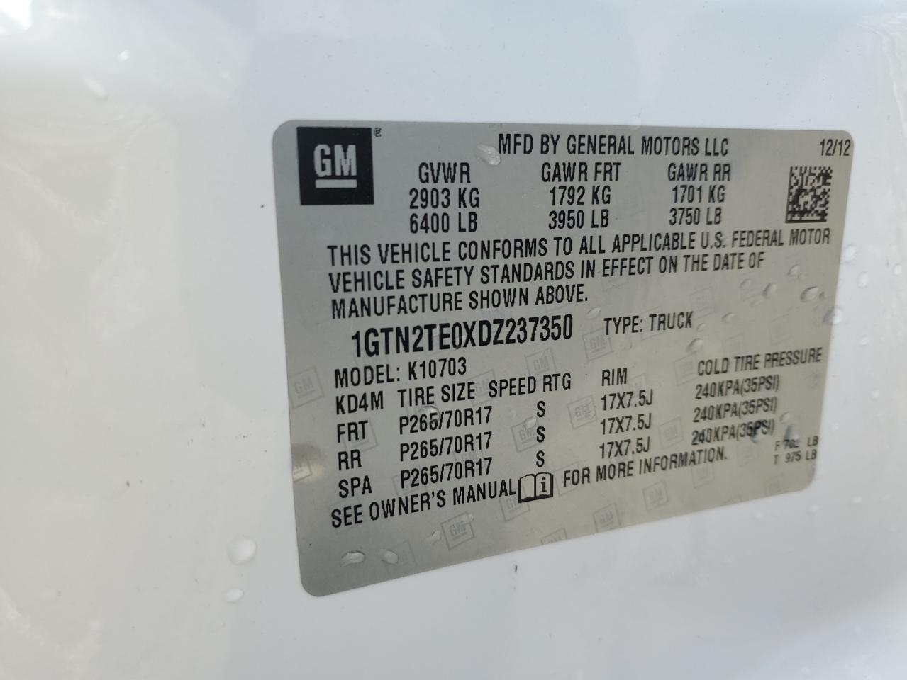 2013 GMC Sierra VIN 1GTN2TE0XDZ237350 Copart auction photo, side damage thumbnail 14
