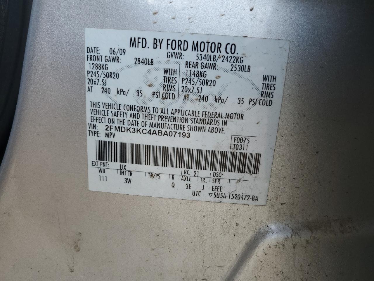 2010 Ford Edge VIN 2FMDK3KC4ABA07193 Copart auction photo, front end damage thumbnail 13