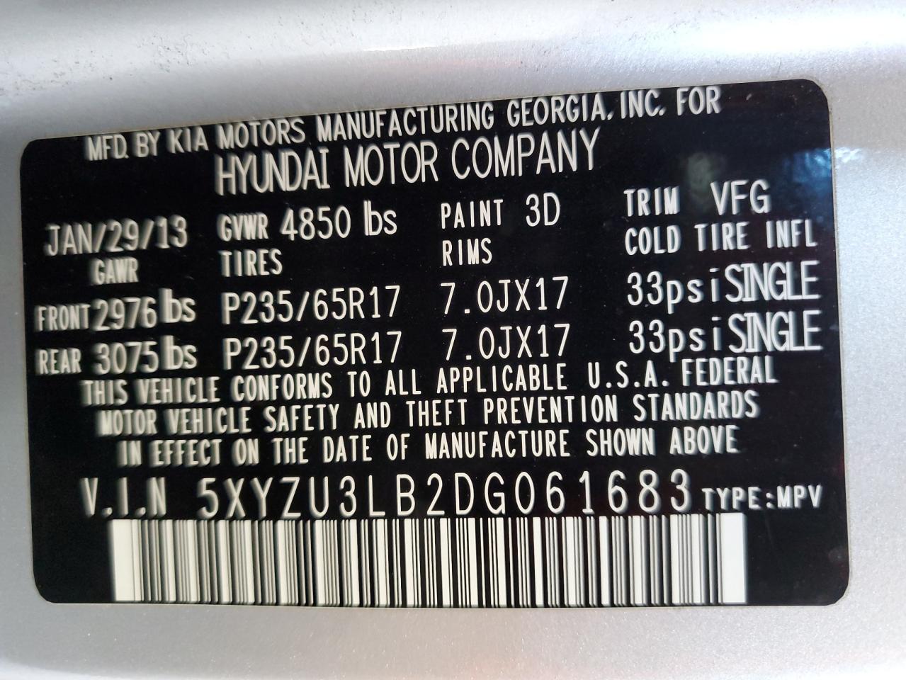 2013 Hyundai Santa Fe VIN 5XYZU3LB2DG061683 Copart auction photo, side / rear end damage thumbnail 15
