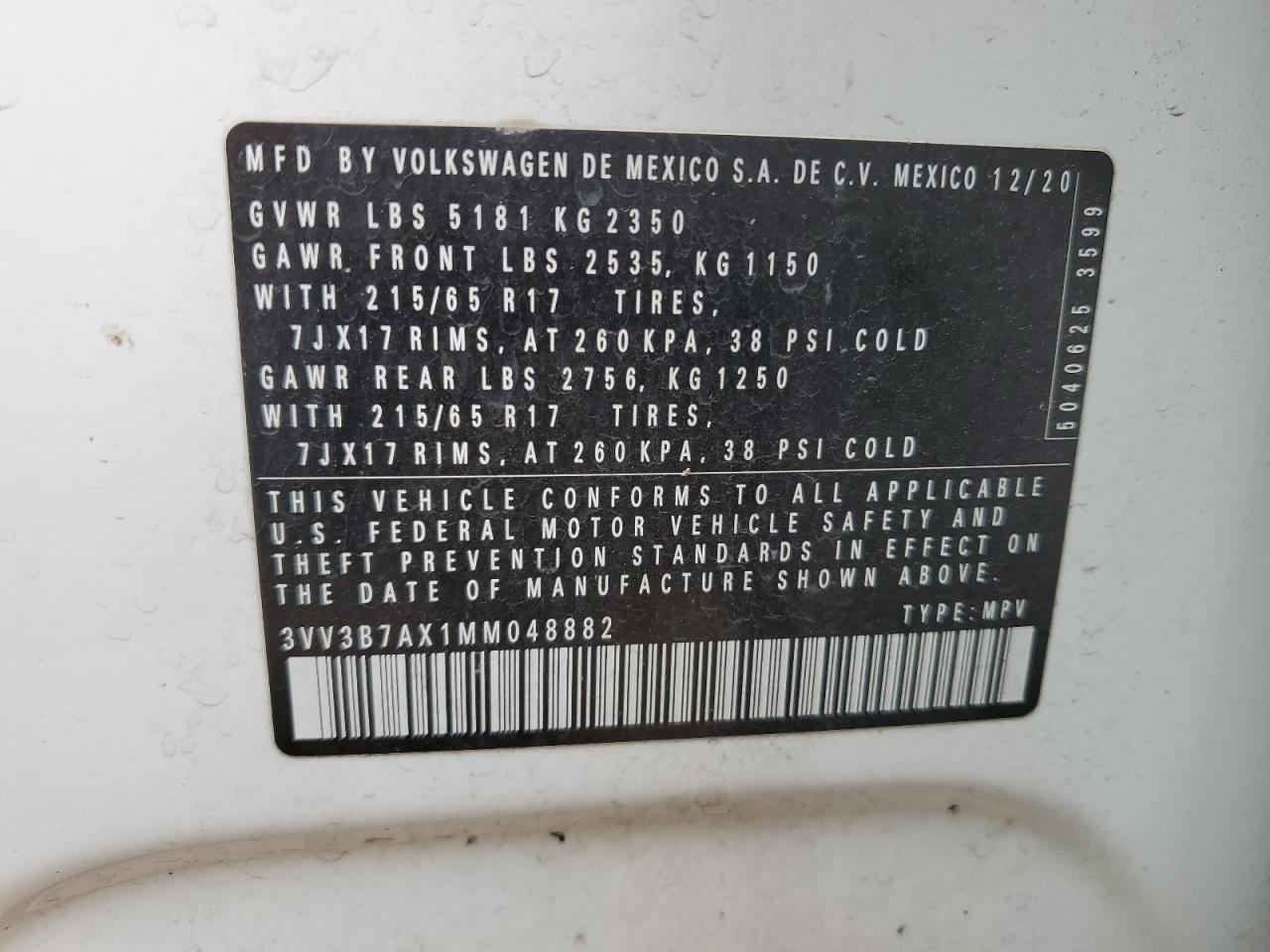 2021 Volkswagen Tiguan VIN 3VV3B7AX1MM048882 Copart auction photo, mechanical damage thumbnail 13