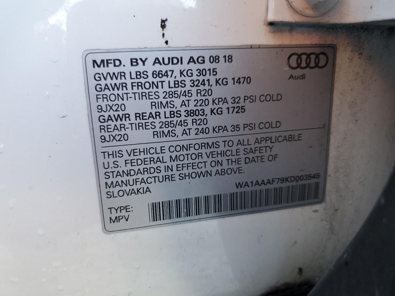 2019 Audi Q7 VIN WA1AAAF79KD003545 Copart auction photo, front end / side damage thumbnail 14