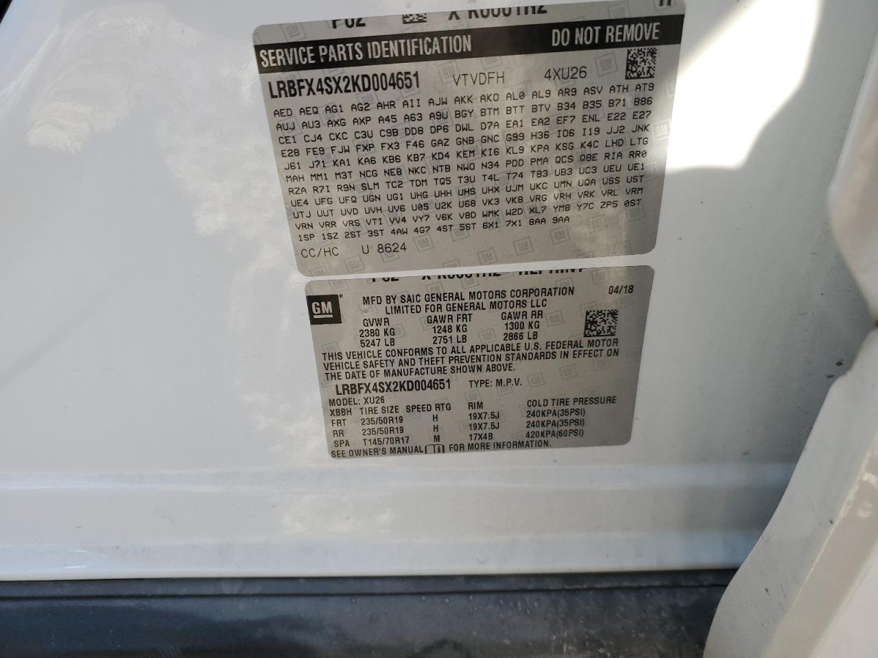 2019 Buick Envision VIN LRBFX4SX2KD004651 Copart auction photo, front end damage thumbnail 13