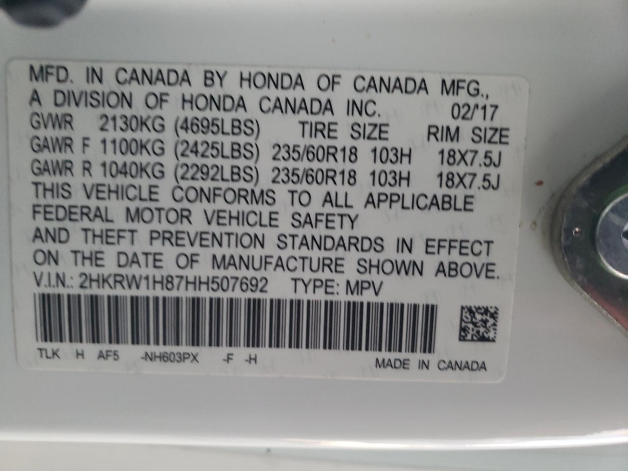 2017 Honda CR-V VIN 2HKRW1H87HH507692 Copart auction photo, side / rear end damage thumbnail 14