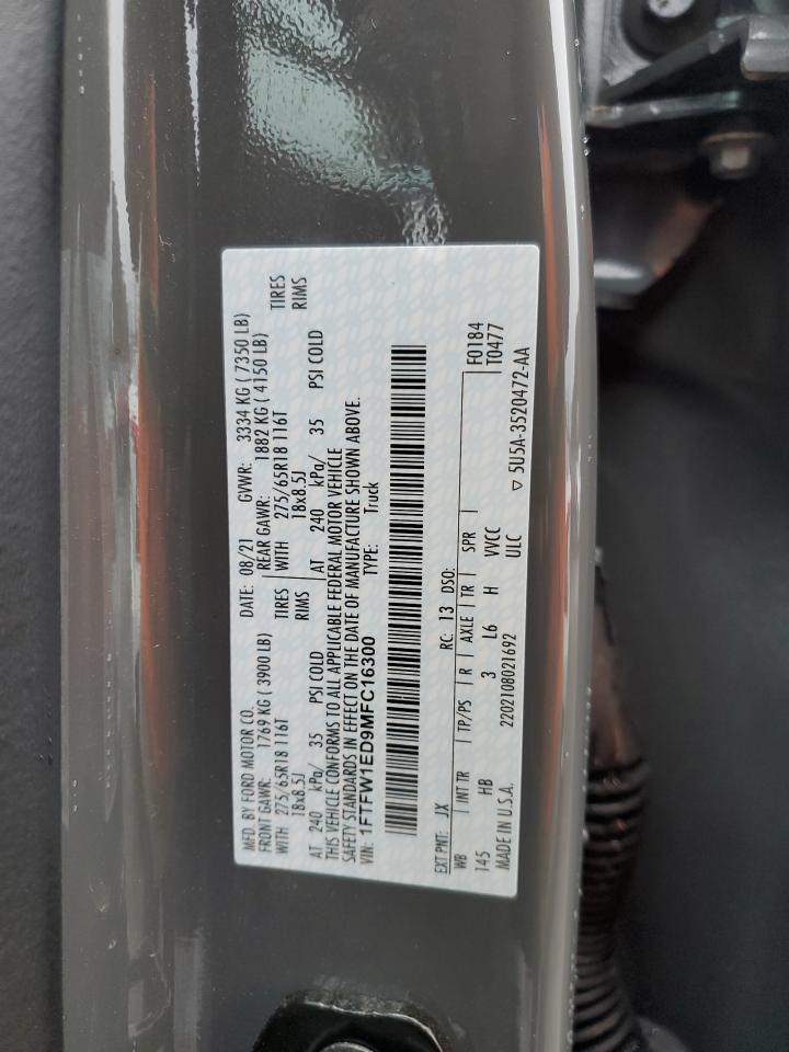 2021 Ford F-150 VIN 1FTFW1ED9MFC16300 Copart auction photo, frame damage / minor dent/scratches damage thumbnail 12