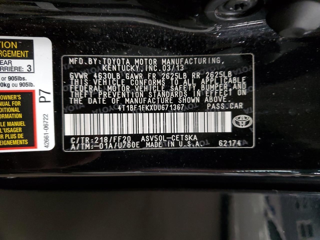 2013 Toyota Camry VIN 4T1BF1FKXDU671367 Copart auction photo, front end damage thumbnail 12