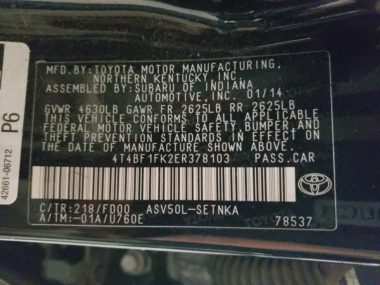 2014 Toyota Camry VIN 4T4BF1FK2ER378103 Copart auction photo, rear end / front end damage thumbnail 12
