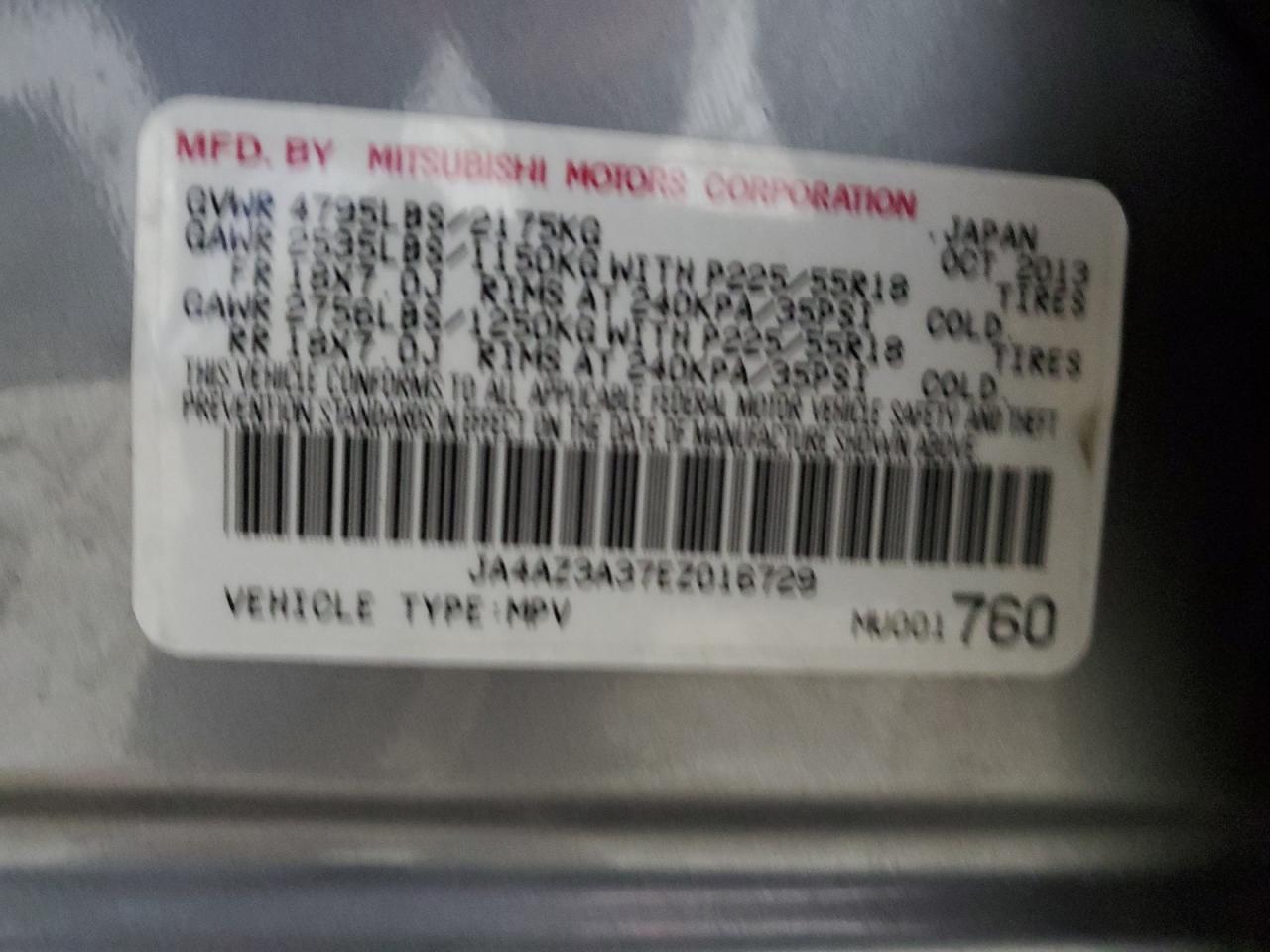 2014 Mitsubishi Outlander VIN JA4AZ3A37EZ016729 Copart auction photo, side / rear end damage thumbnail 12