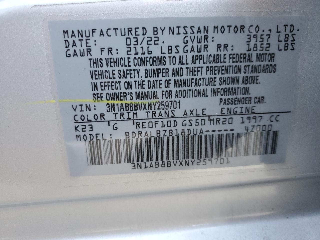 2022 Nissan Sentra VIN 3N1AB8BVXNY259701 Copart auction photo, all over damage thumbnail 12