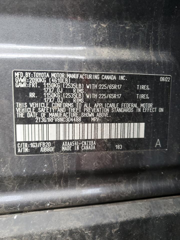 2022 Toyota RAV 4 VIN 2T3G1RFV8NC304488 Copart auction photo, front end / side damage thumbnail 13