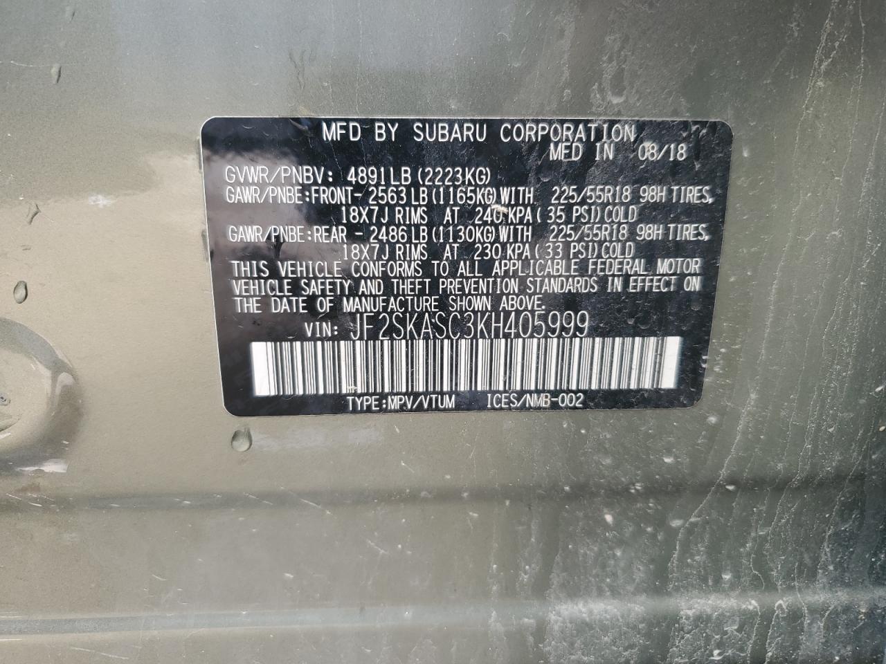 2019 Subaru Forester VIN JF2SKASC3KH405999 Copart auction photo, front end / side damage thumbnail 13