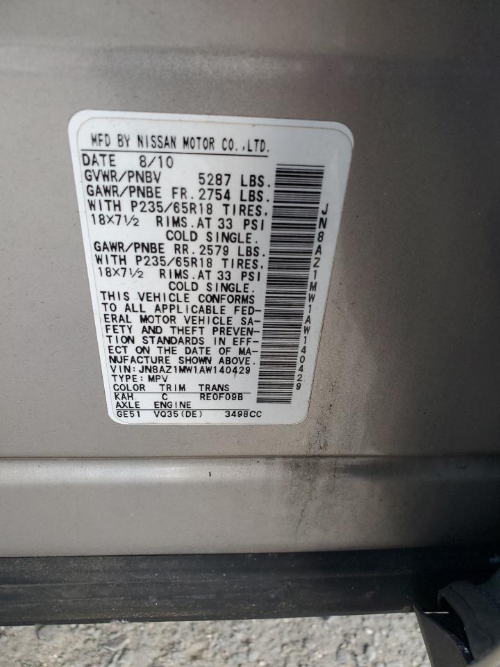 2010 Nissan Murano VIN JN8AZ1MW1AW140429 Copart auction photo, minor dent/scratches damage thumbnail 13