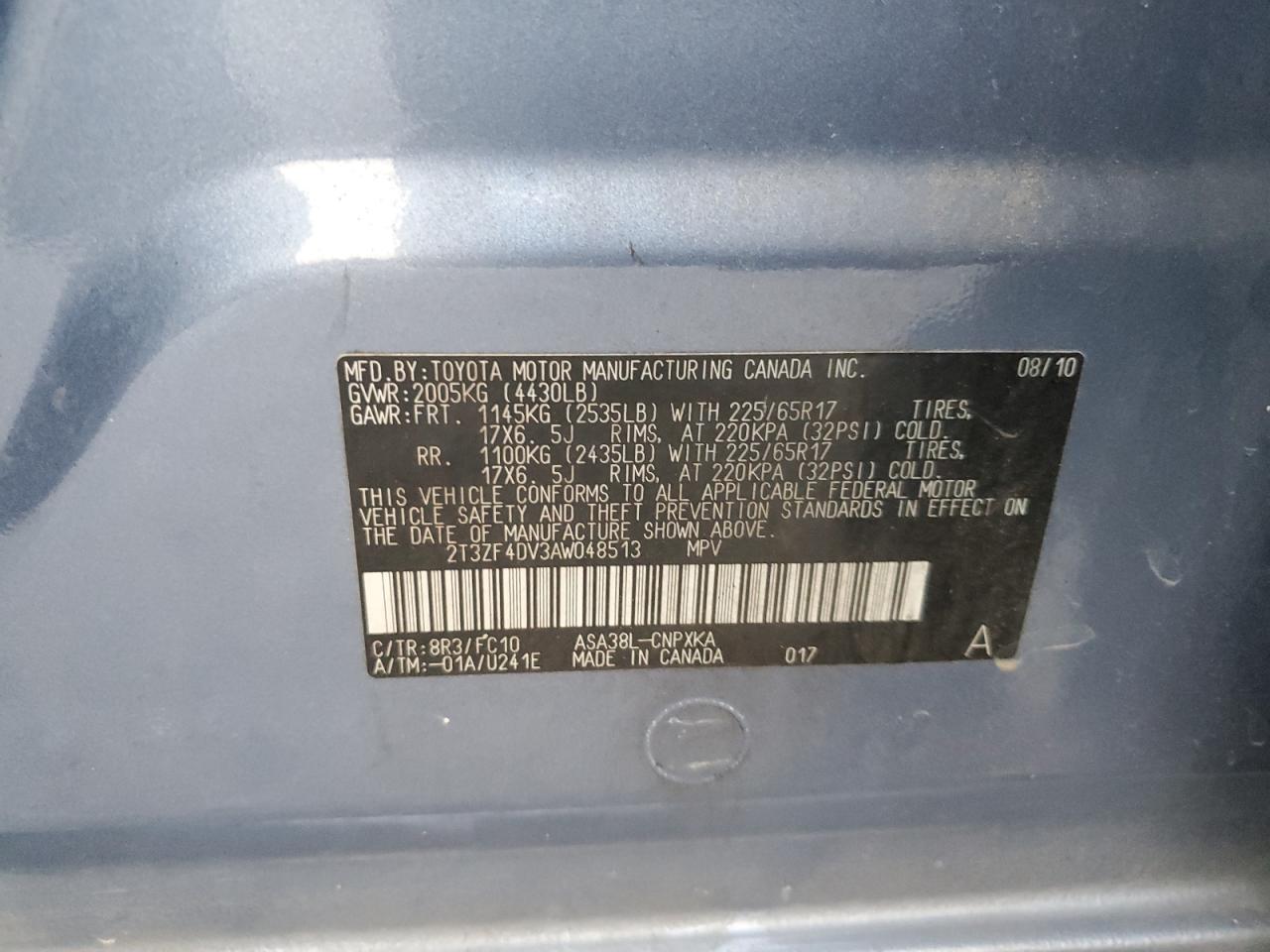 2010 Toyota RAV 4 VIN 2T3ZF4DV3AW048513 Copart auction photo, side damage thumbnail 12