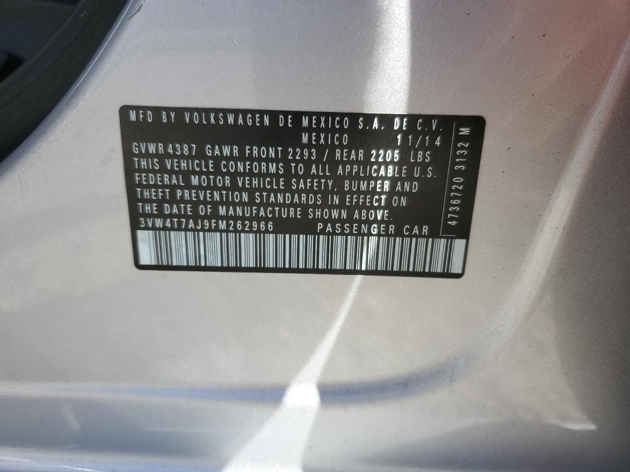 2015 Volkswagen Jetta VIN 3VW4T7AJ9FM262966 Copart auction photo, rear end / side damage thumbnail 14