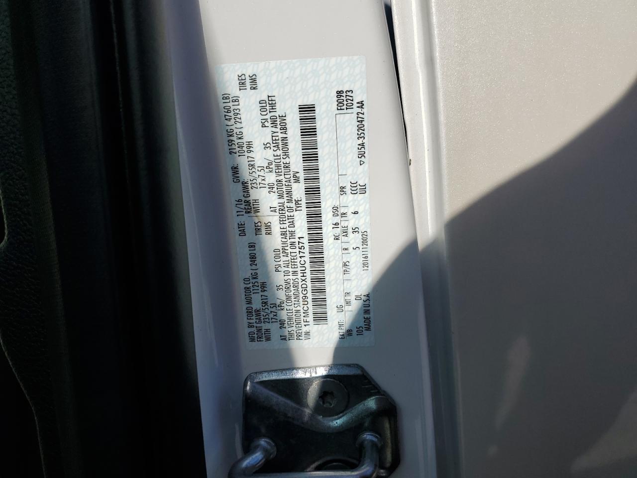 2017 Ford Escape VIN 1FMCU9GDXHUC17571 Copart auction photo, front end damage thumbnail 14