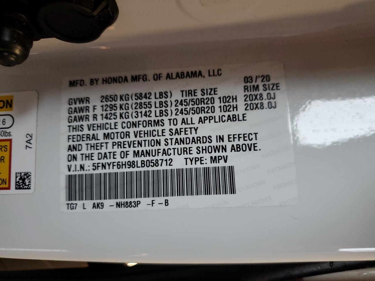 2020 Honda Pilot VIN 5FNYF6H98LB058712 Copart auction photo, rear end damage thumbnail 14