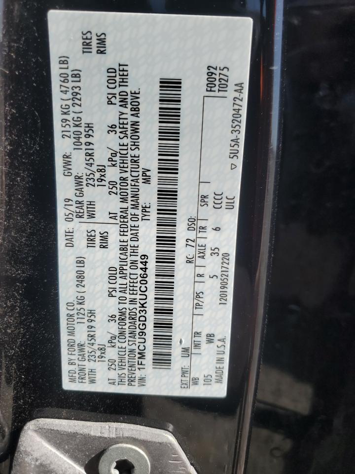 2019 Ford Escape VIN 1FMCU9GD3KUC06449 Copart auction photo, front end damage thumbnail 13