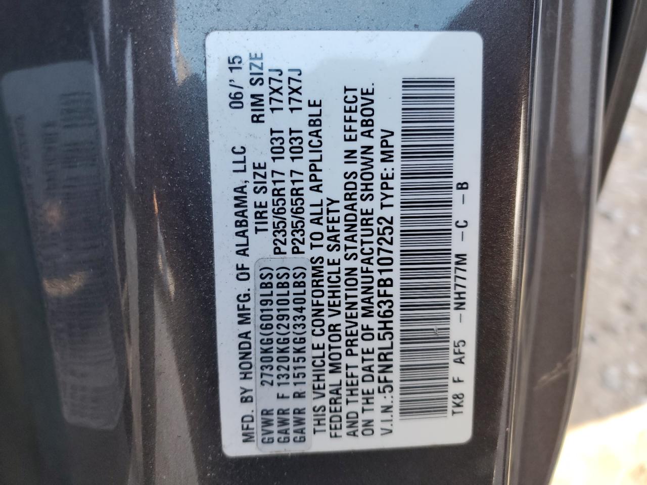 2015 Honda Odyssey VIN 5FNRL5H63FB107252 Copart auction photo, mechanical damage thumbnail 13