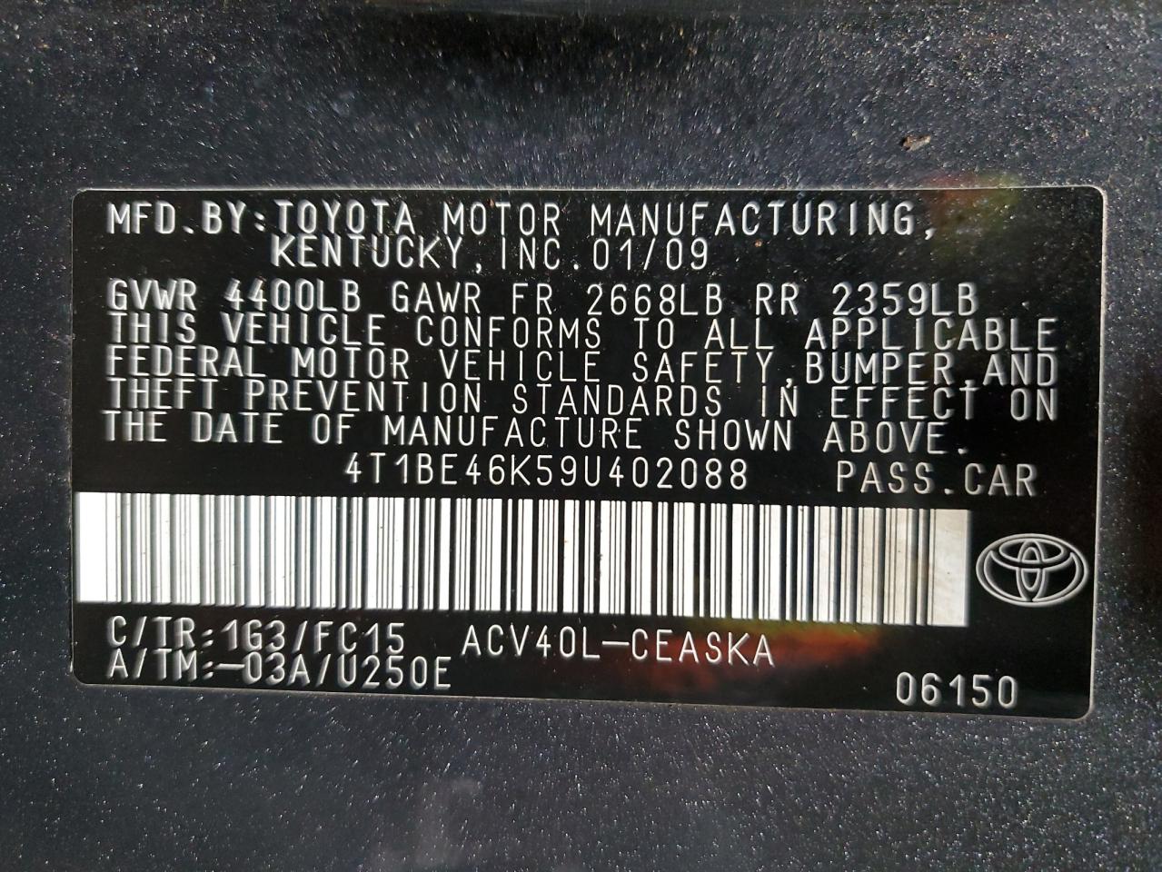 2009 Toyota Camry VIN 4T1BE46K59U402088 Copart auction photo, mechanical / minor dent/scratches damage thumbnail 12