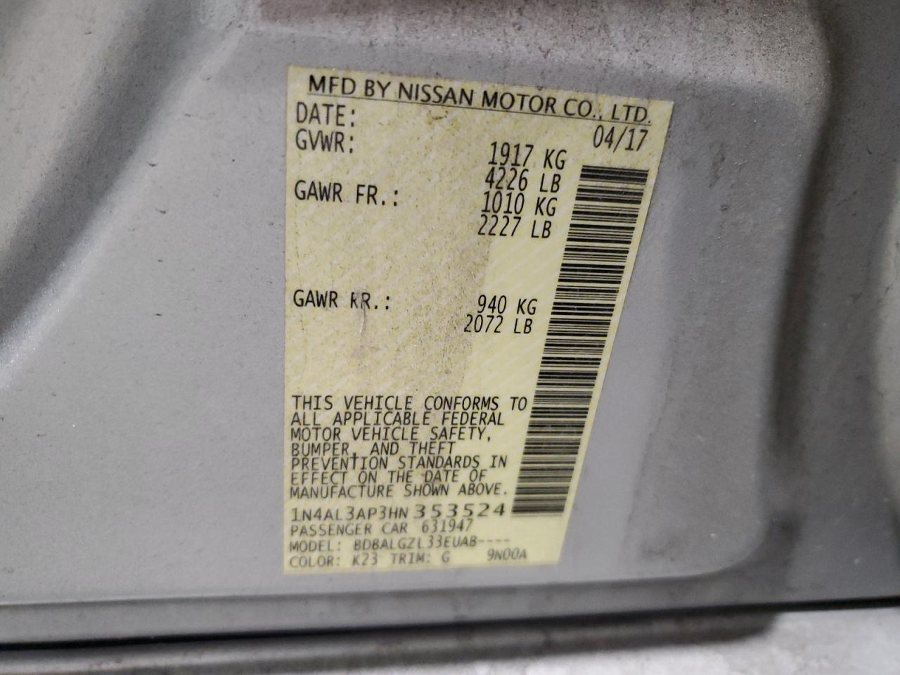 2017 Nissan Altima VIN 1N4AL3AP3HN353524 Copart auction photo, front end damage thumbnail 12