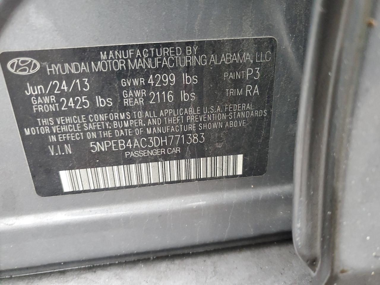 2013 Hyundai Sonata VIN 5NPEB4AC3DH771383 Copart auction photo, vandalism / minor dent/scratches damage thumbnail 13