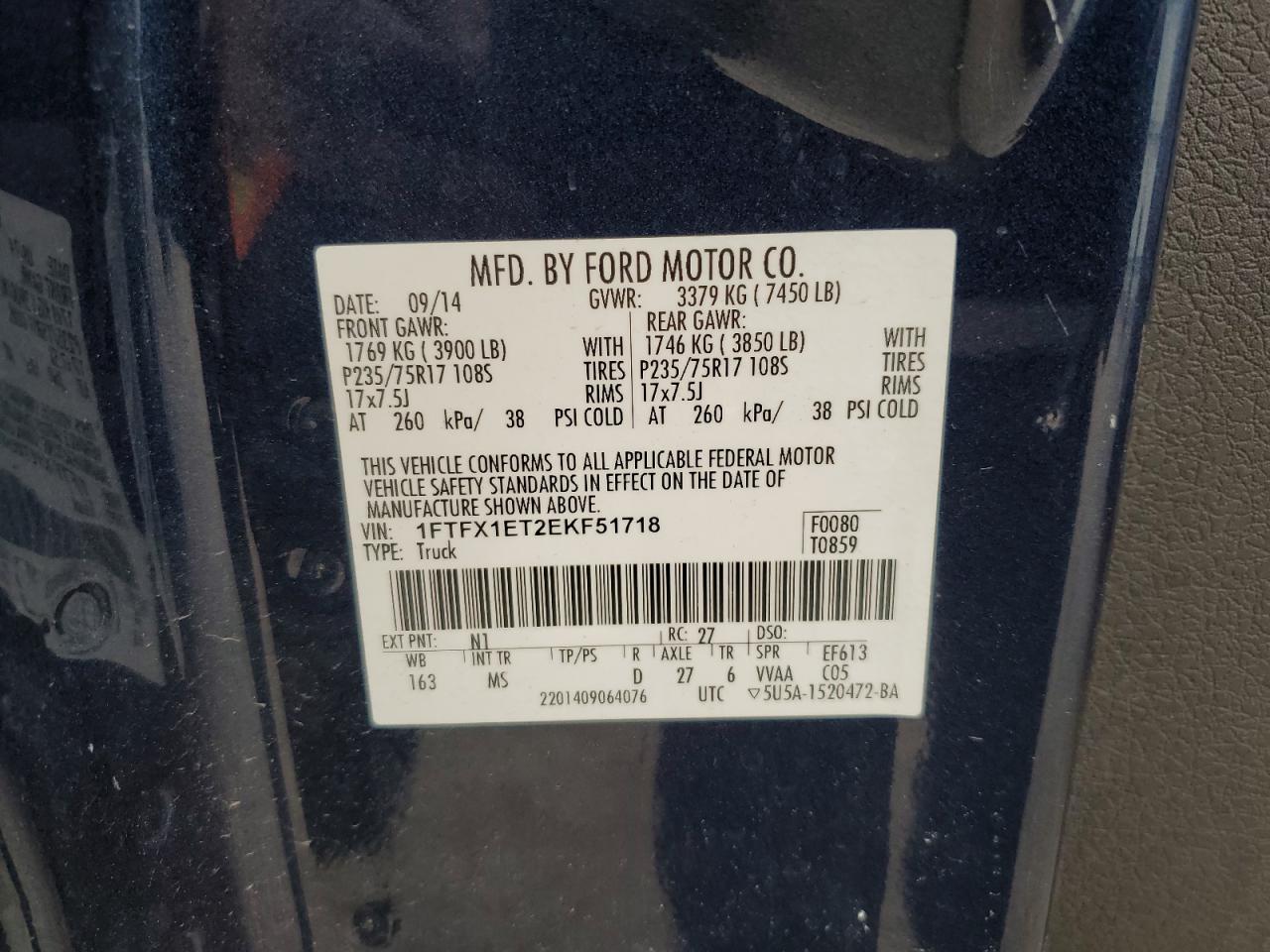 2014 Ford F-150 VIN 1FTFX1ET2EKF51718 Copart auction photo, front end / minor dent/scratches damage thumbnail 14