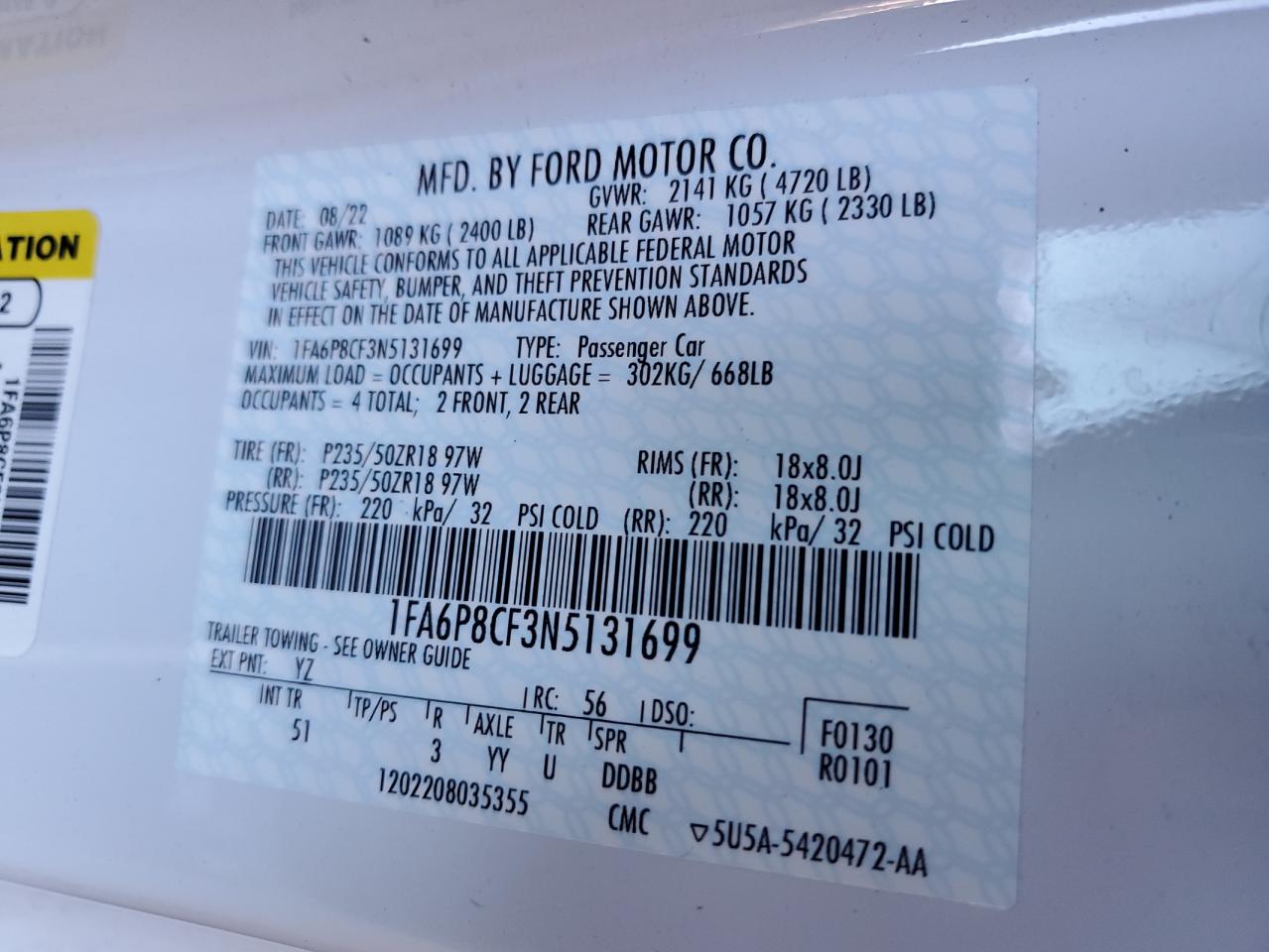 2022 Ford Mustang VIN 1FA6P8CF3N5131699 Copart auction photo, front end damage thumbnail 12