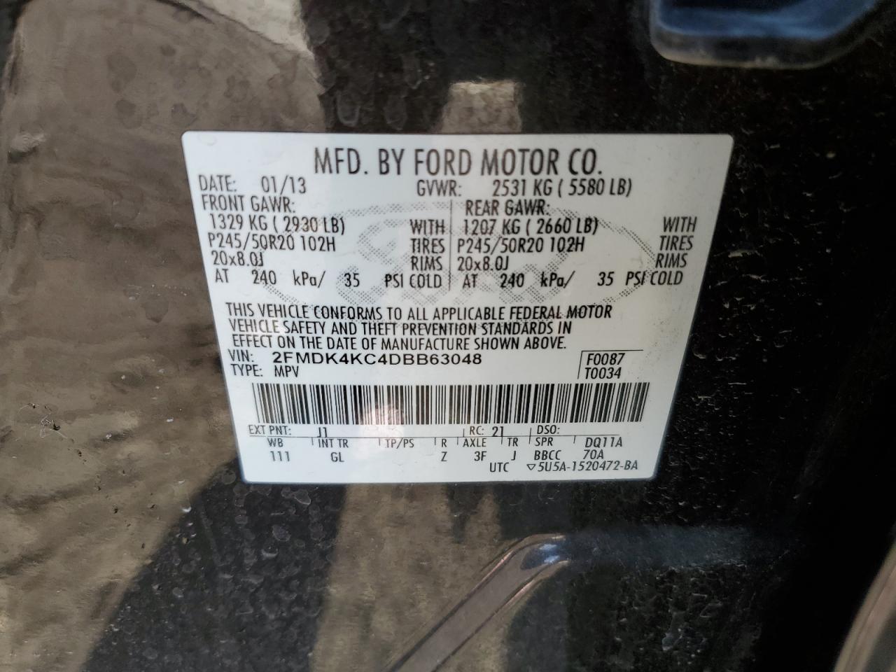 2013 Ford Edge VIN 2FMDK4KC4DBB63048 Copart auction photo, front end damage thumbnail 13