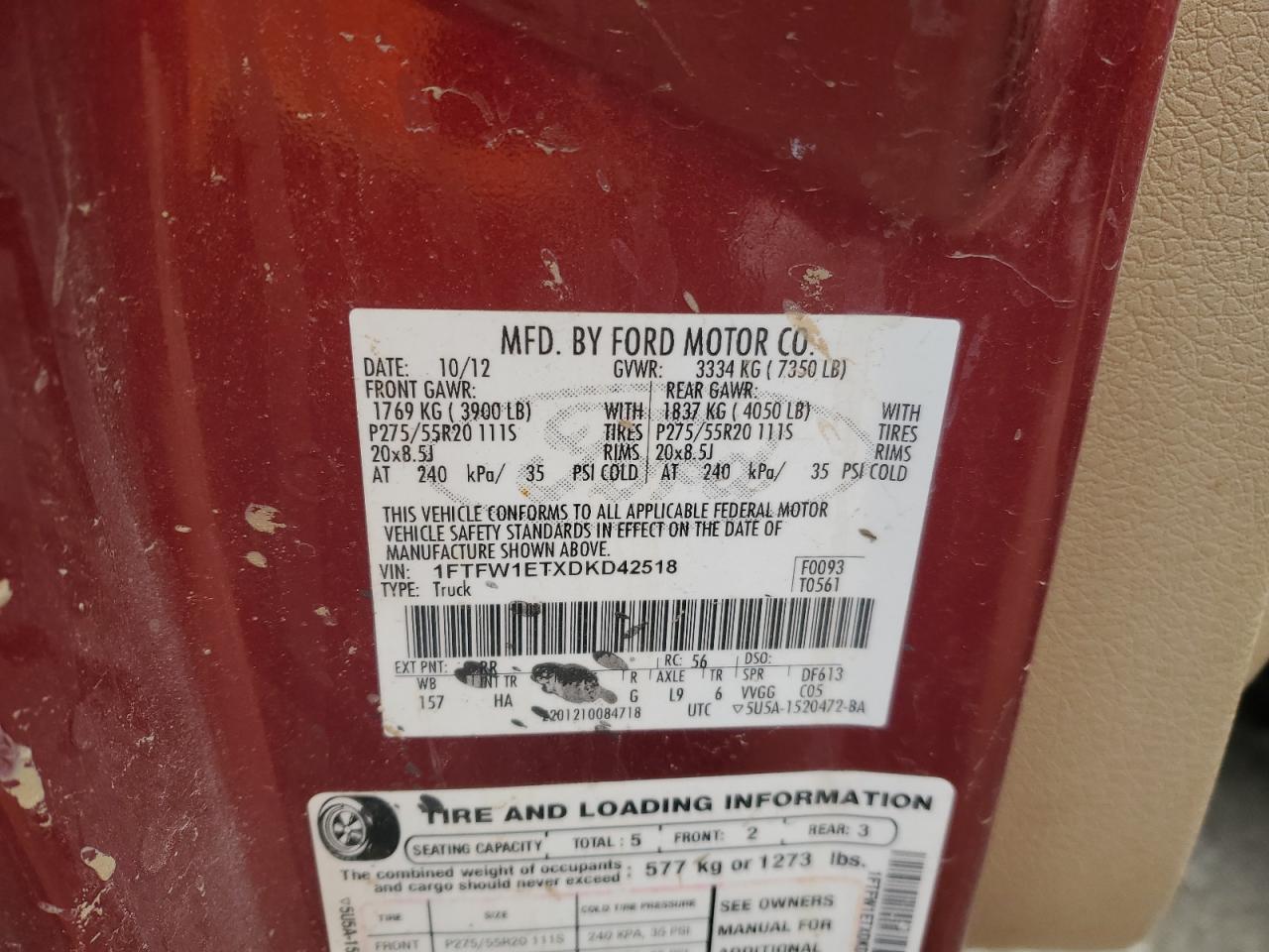 2013 Ford F-150 VIN 1FTFW1ETXDKD42518 Copart auction photo, front end damage thumbnail 14